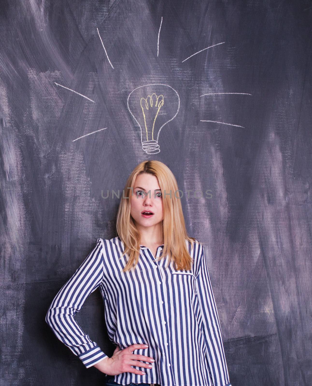 Girl in front of chalkboard with light bulb drawn above her head by TravelTime