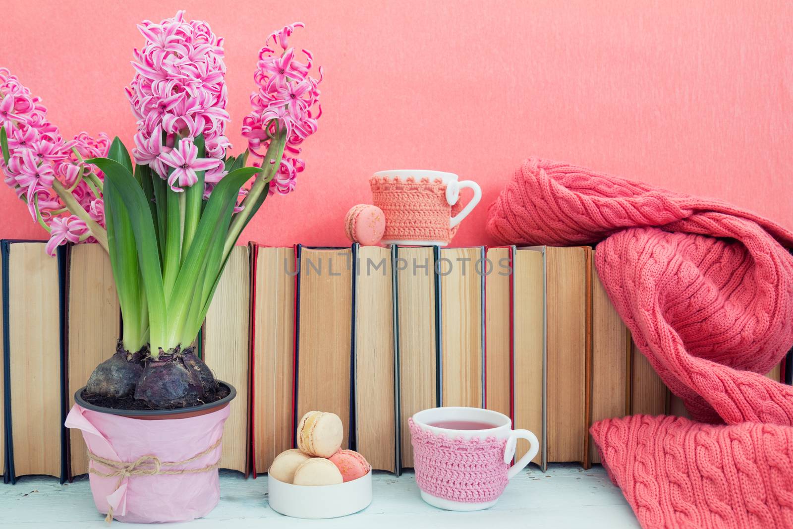 Pink hyacinths, macaroons, tea cups and scarf near pile of books at pink background. Beautiful spring pink background. Copy space.