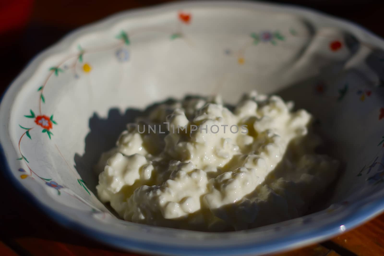 cottage cheese in white bowl with contrasty lighting
