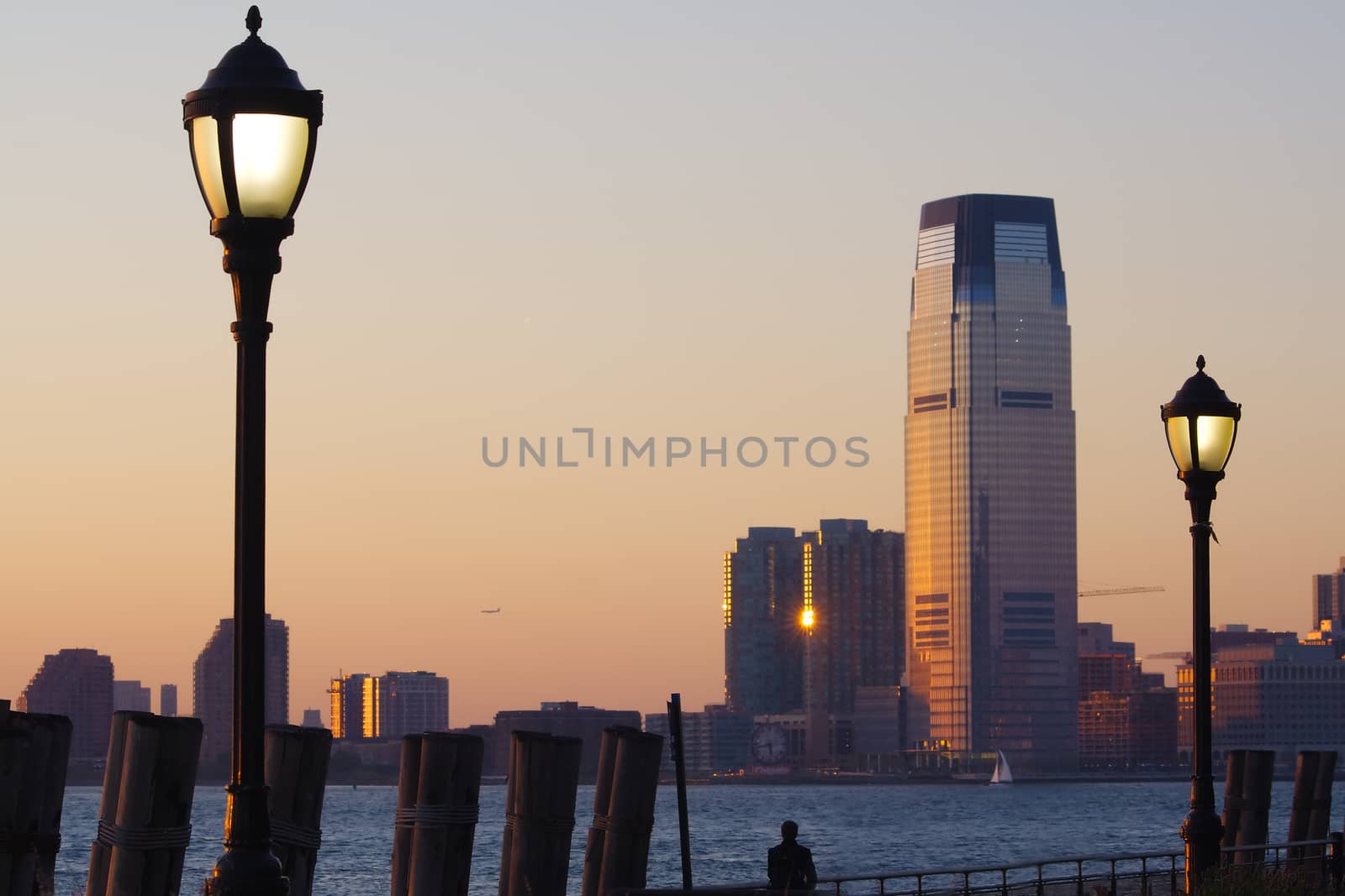 South of Manhattan at sunset, river and street lights