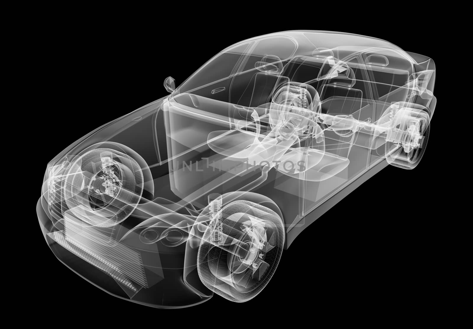 X-ray of car on isolated black background, 3d illustration