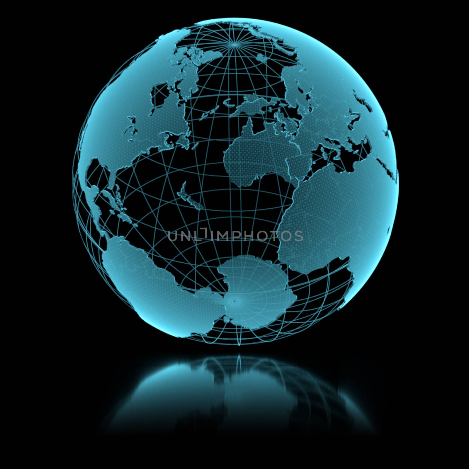 Blue shining transparent earth globe on black background. 3d illustration.