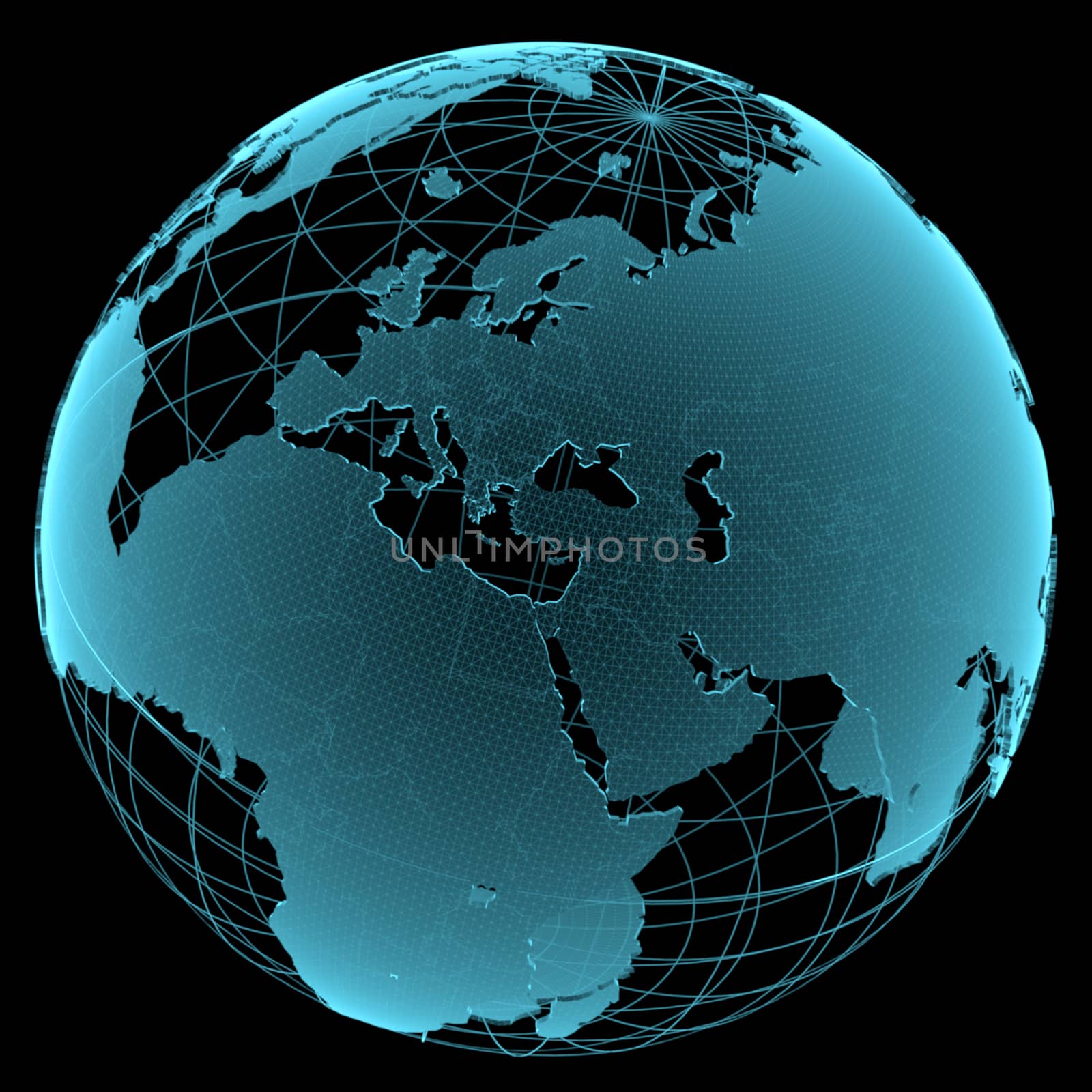 Blue shining transparent earth globe on black background. 3d illustration.