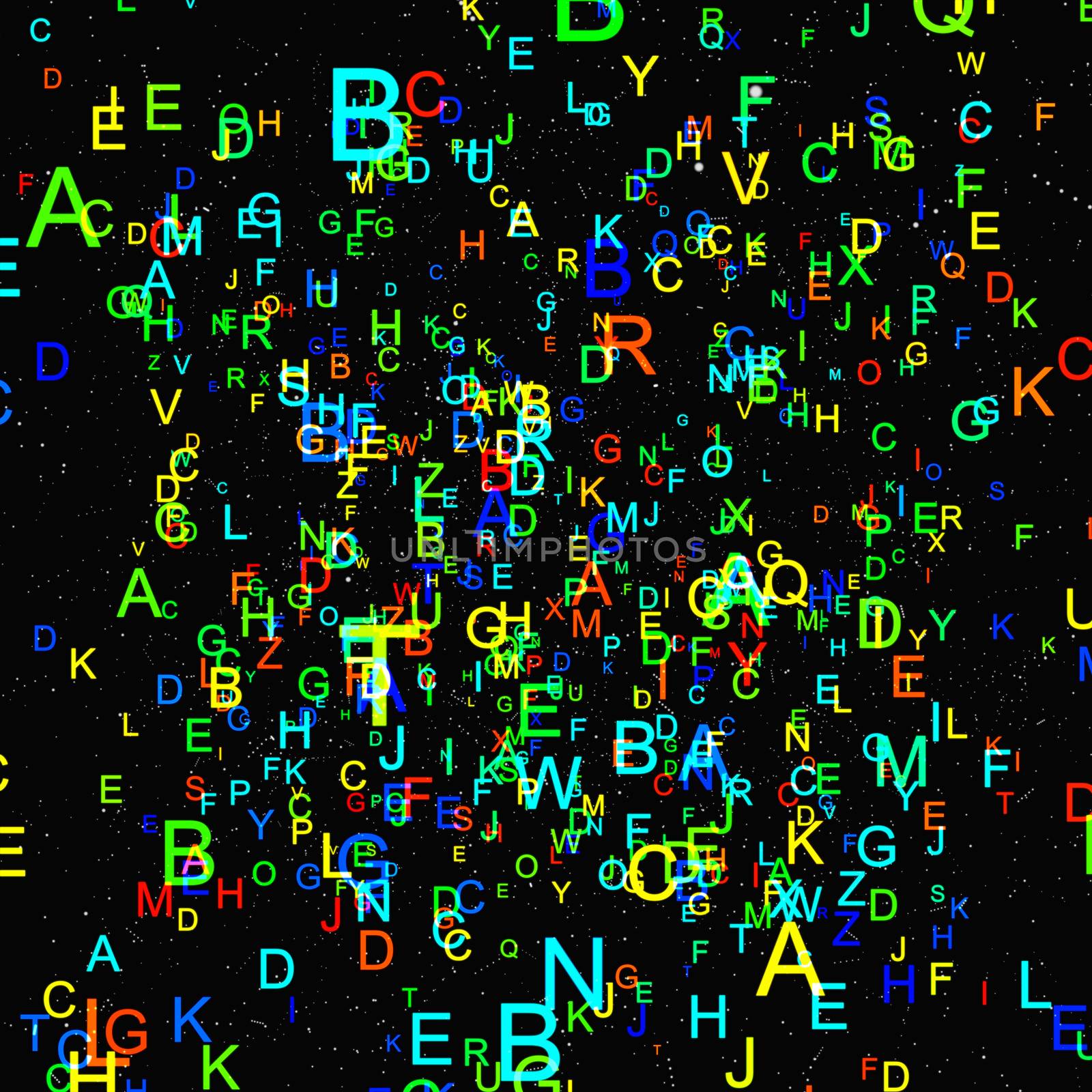 Abstract colorful alphabet fly on black background by cherezoff