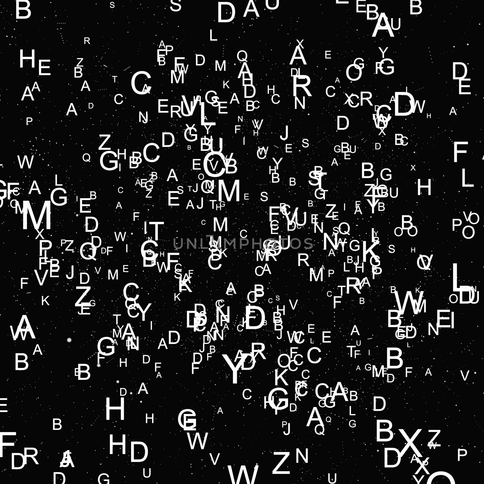 Abstract white alphabet fly on black background. Education concept