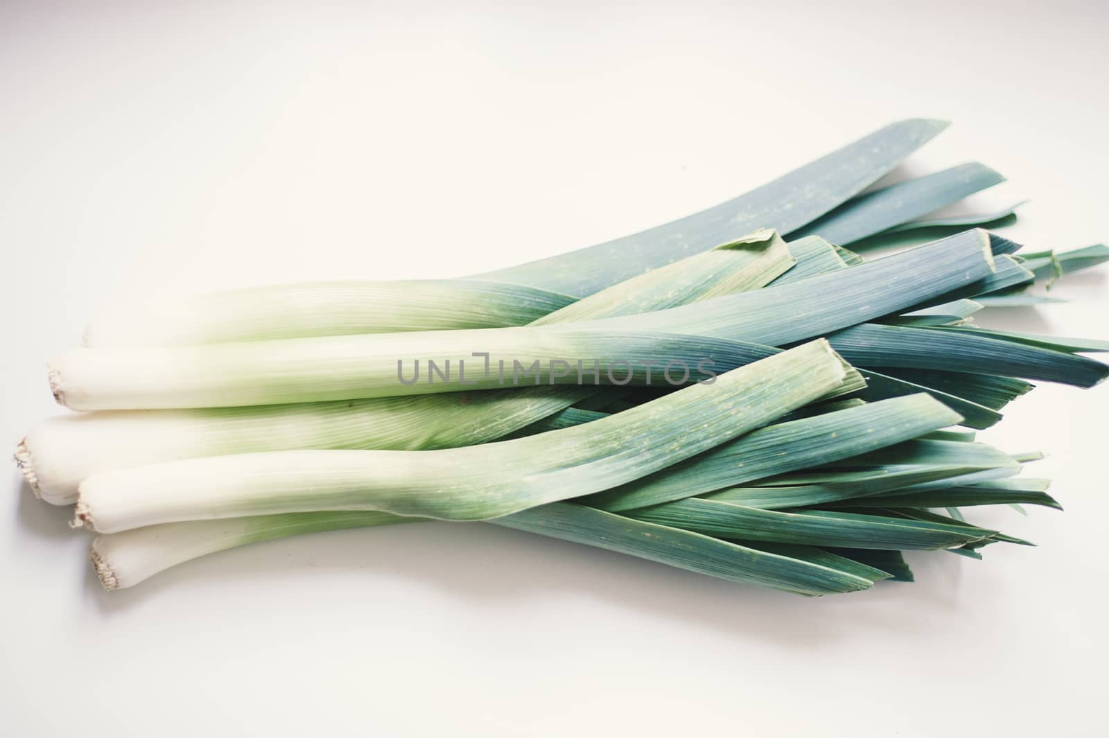 still life of vegetable leeks on white background