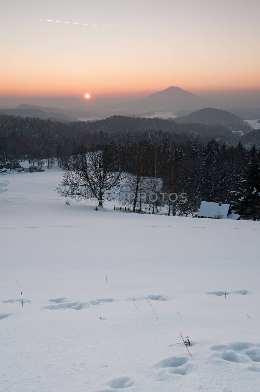 Winter panorama in the Czech Switzerland with snow and frost