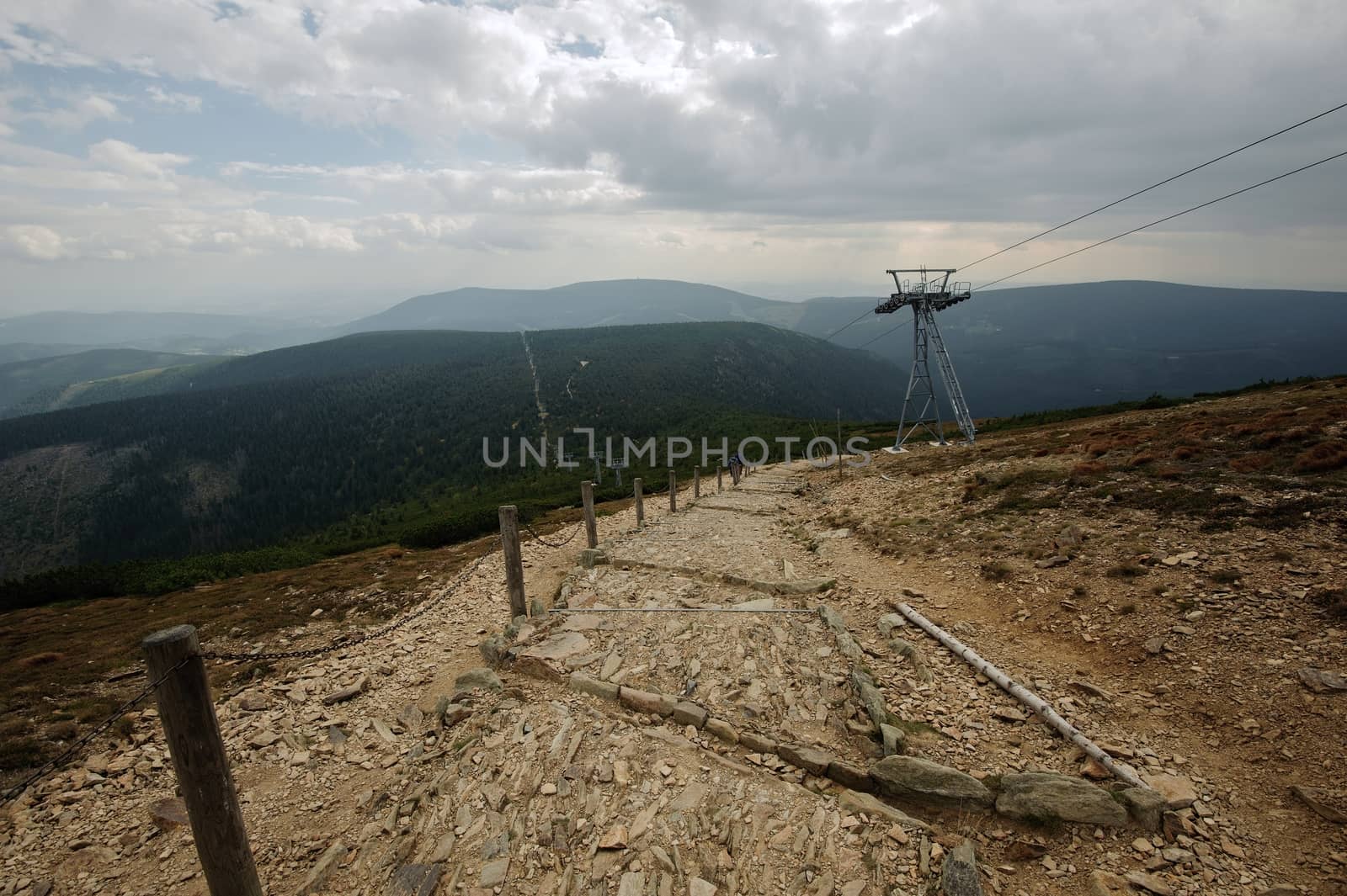 Stone Mountain landscape with funicular and cloudy sky