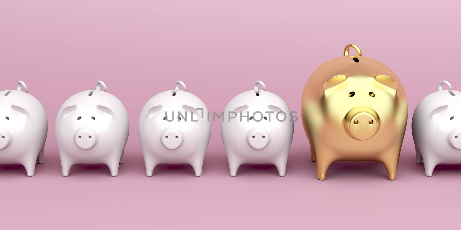 Row with piggy banks with one bigger and gold colored piggy bank, front view