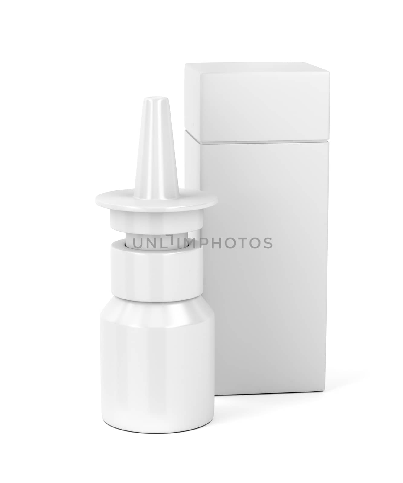 Blank nasal spray bottle and plastic box on white background 