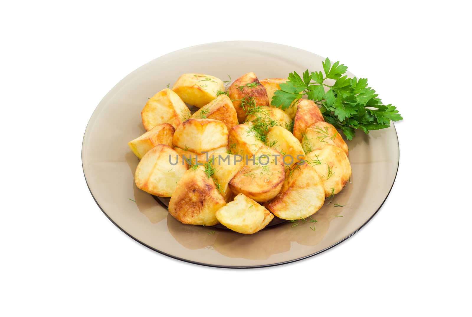 Fried potatoes on the dark glass dish by anmbph