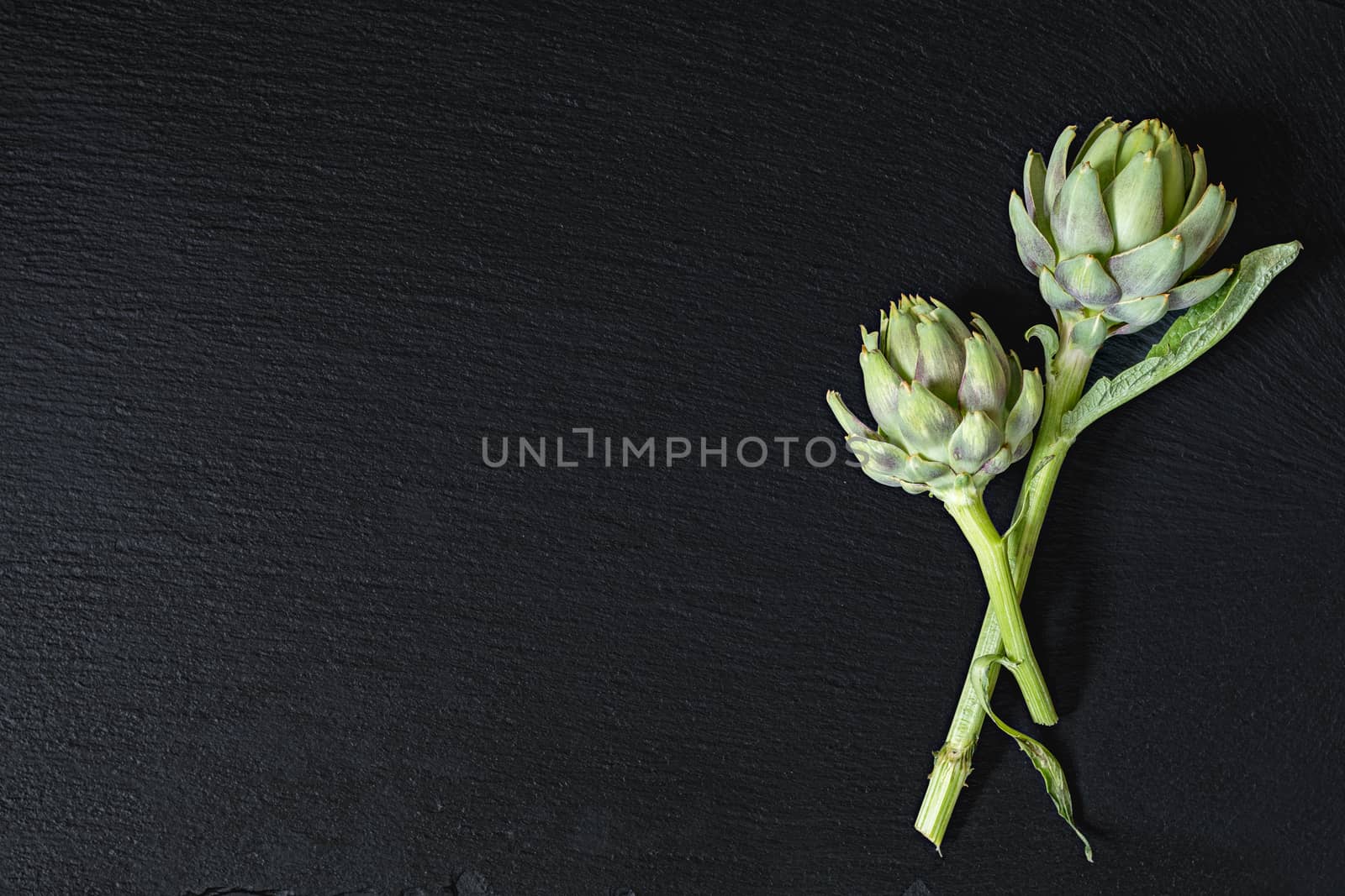 Two cones fresh green artichoke on a black stone surface.  Top view, copy space. Healthy eating concept.