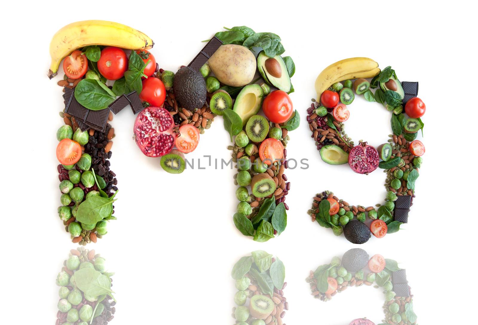 Magnesium symbol Mg made of food over a white background