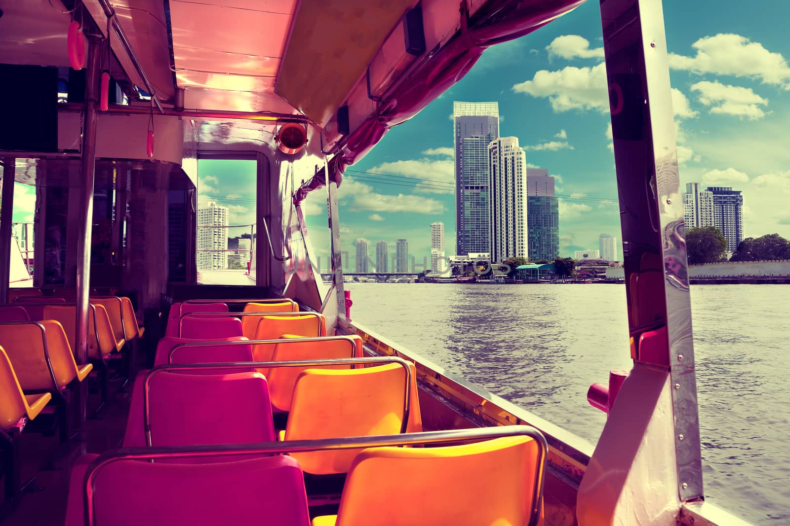 Bangkok city.Chao praya river and boat.Skyscraper