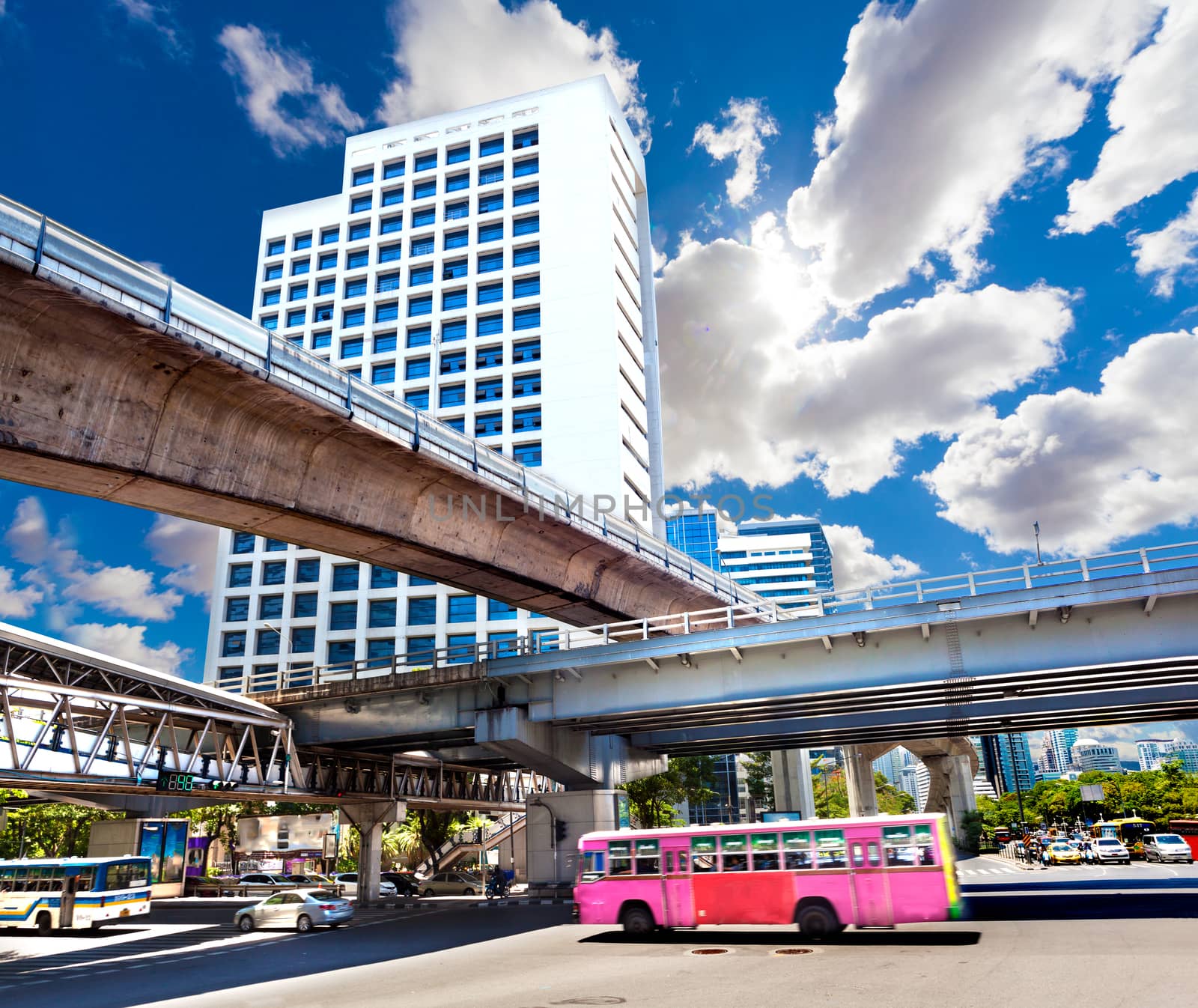 Bangkok city landmarks view.Cityscape.typical transport bus