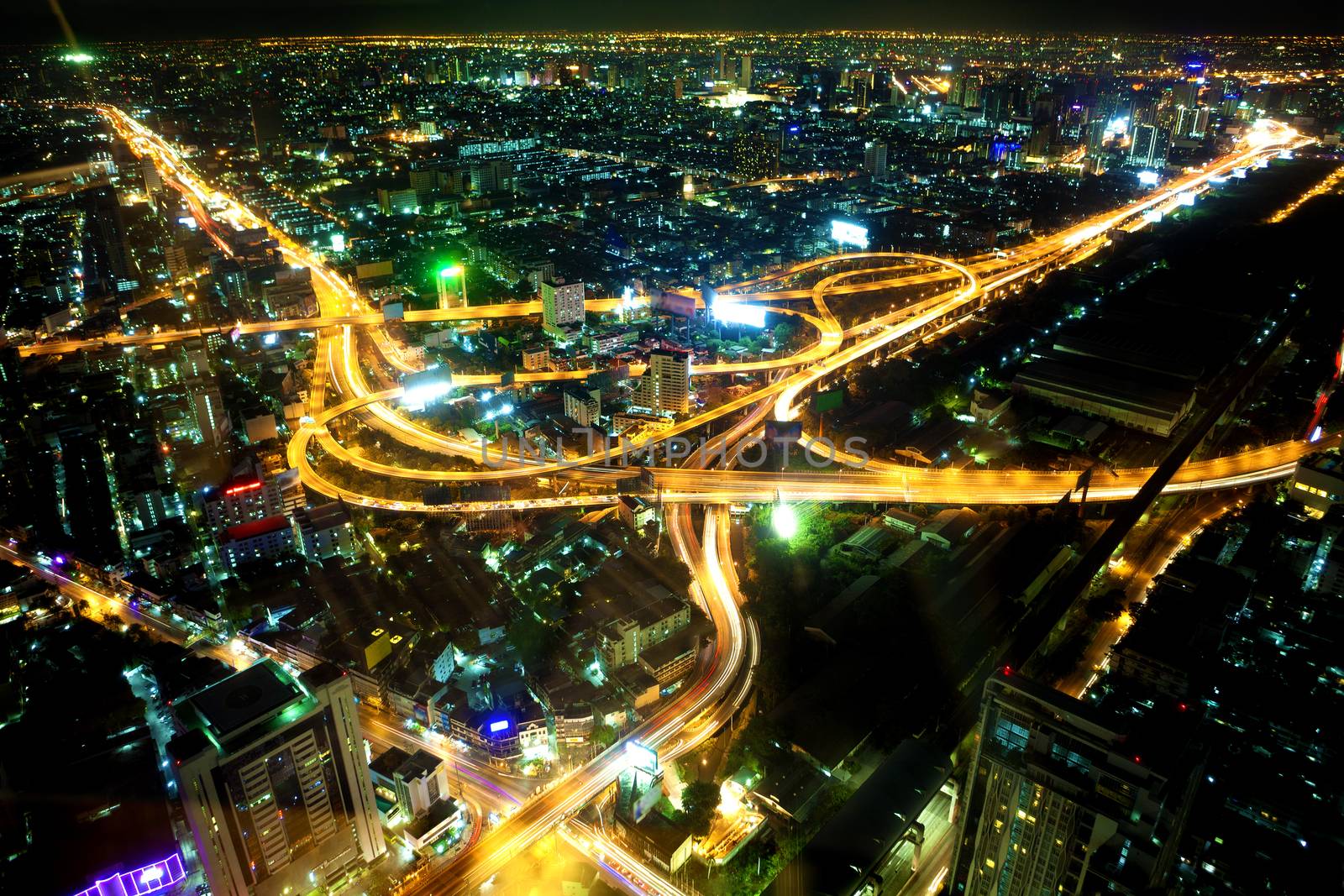 Bangkok at night.Cityscape and highway,road,buildings and traffic