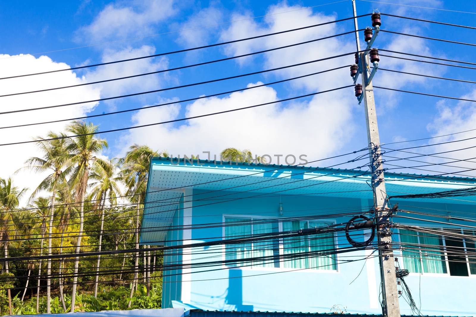 Thailand architecture.colorful facade.Light cables and light poles