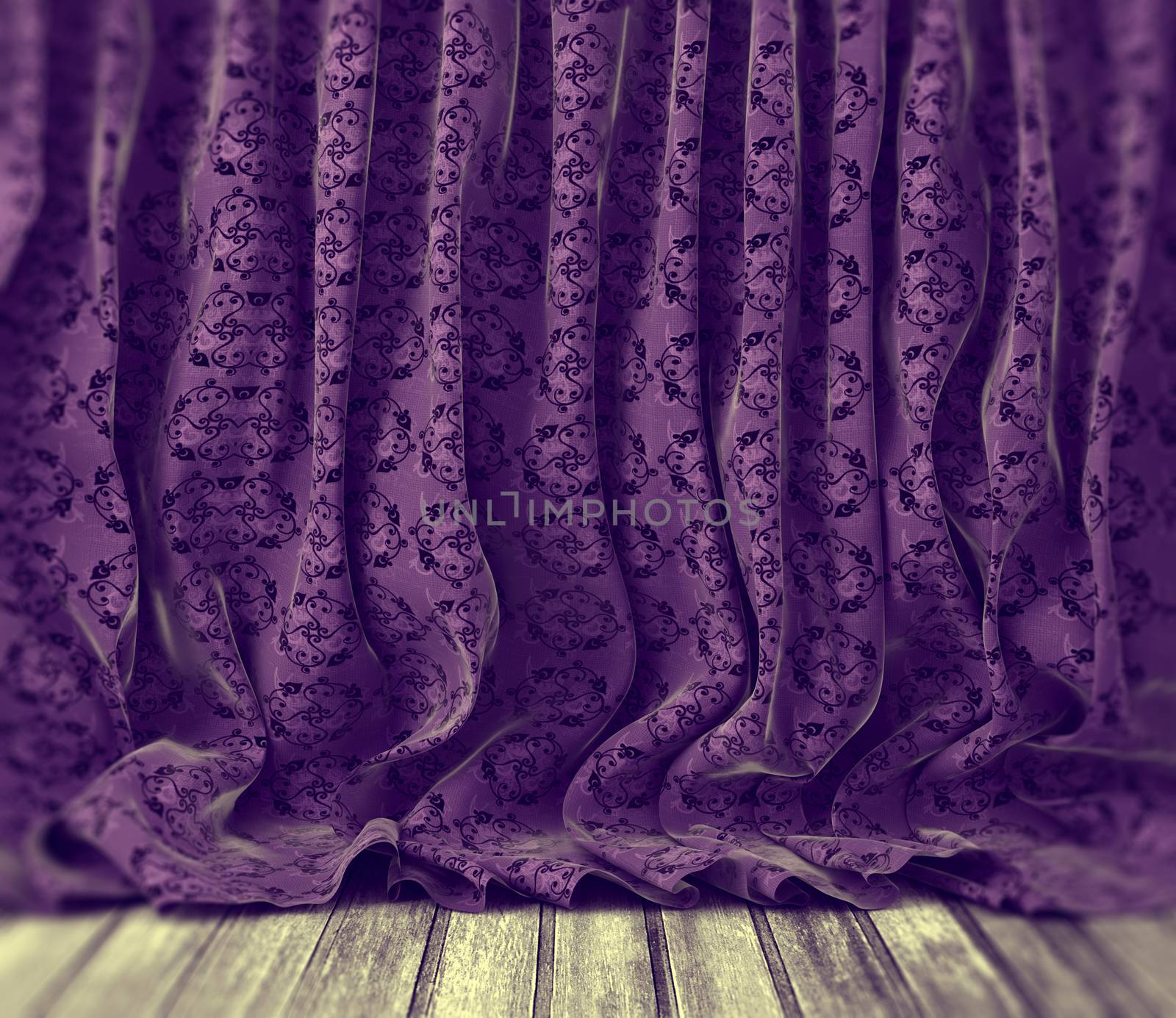 Retro purple floral curtains background anad wood floor background