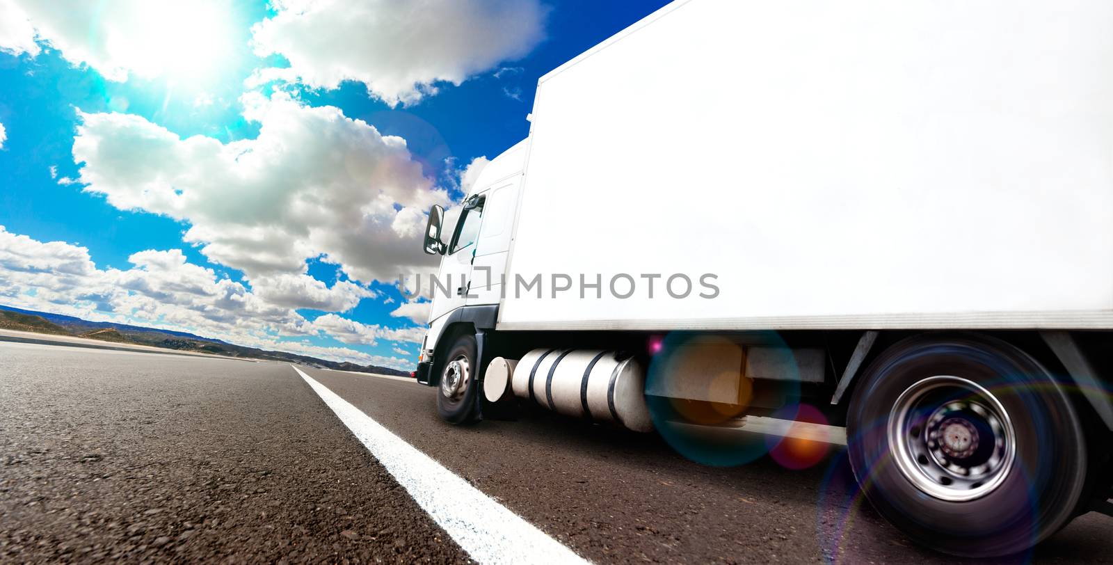 Truck and transport. Lorry delivering freight by road or highway