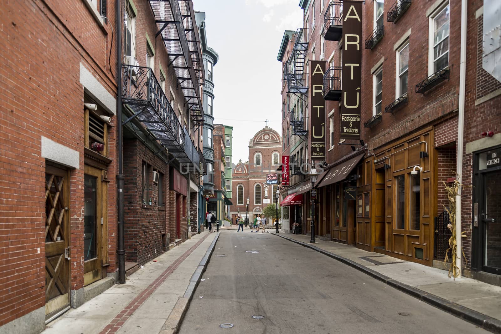 BOSTON MA- SEPTEMBER 10: narrow street in the North End, the Italian disctrict on September 10, 2017 in Boston, Massachusetts.