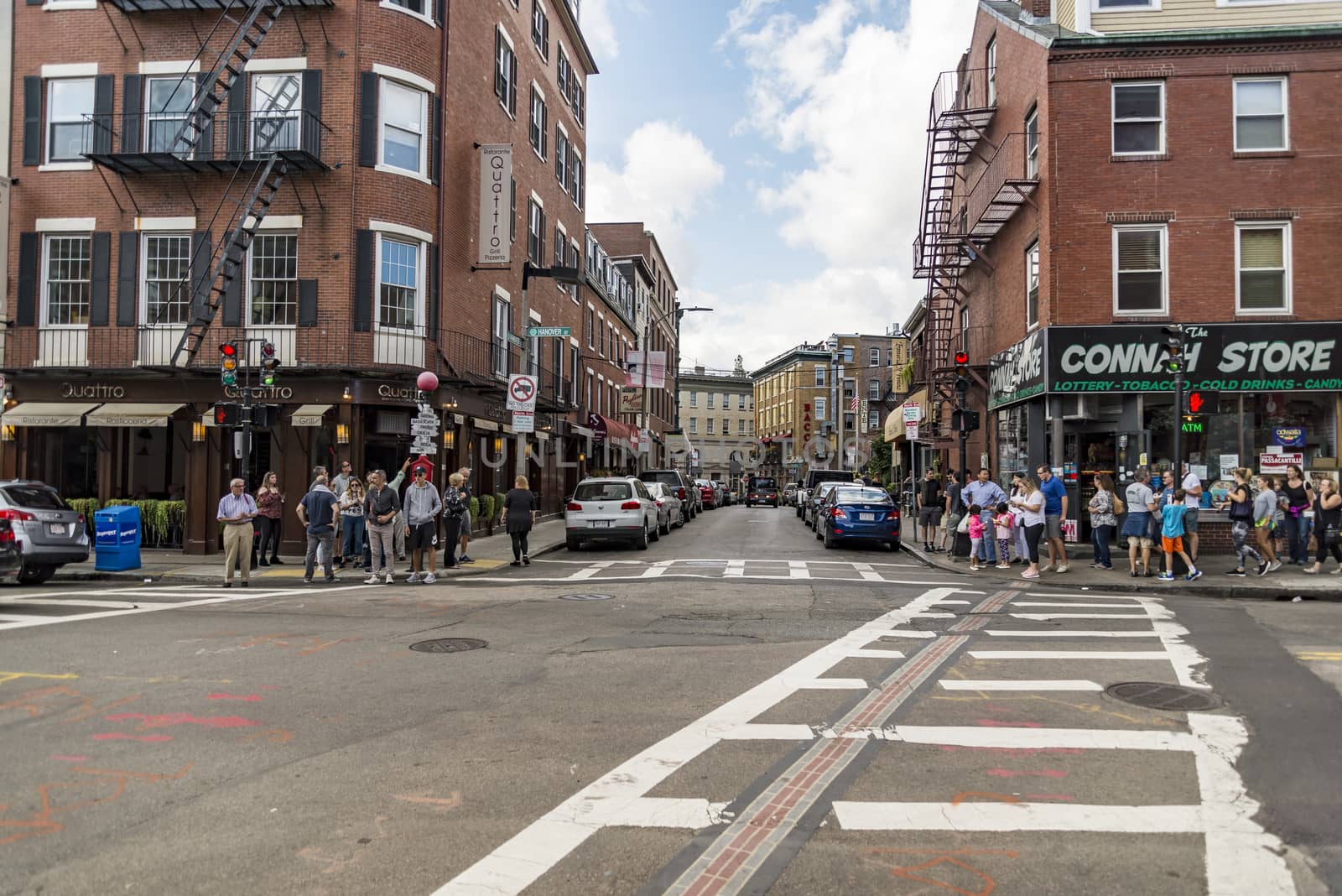 BOSTON MA- SEPTEMBER 10: narrow street in the North End, the Italian disctrict on September 10, 2017 in Boston, Massachusetts.