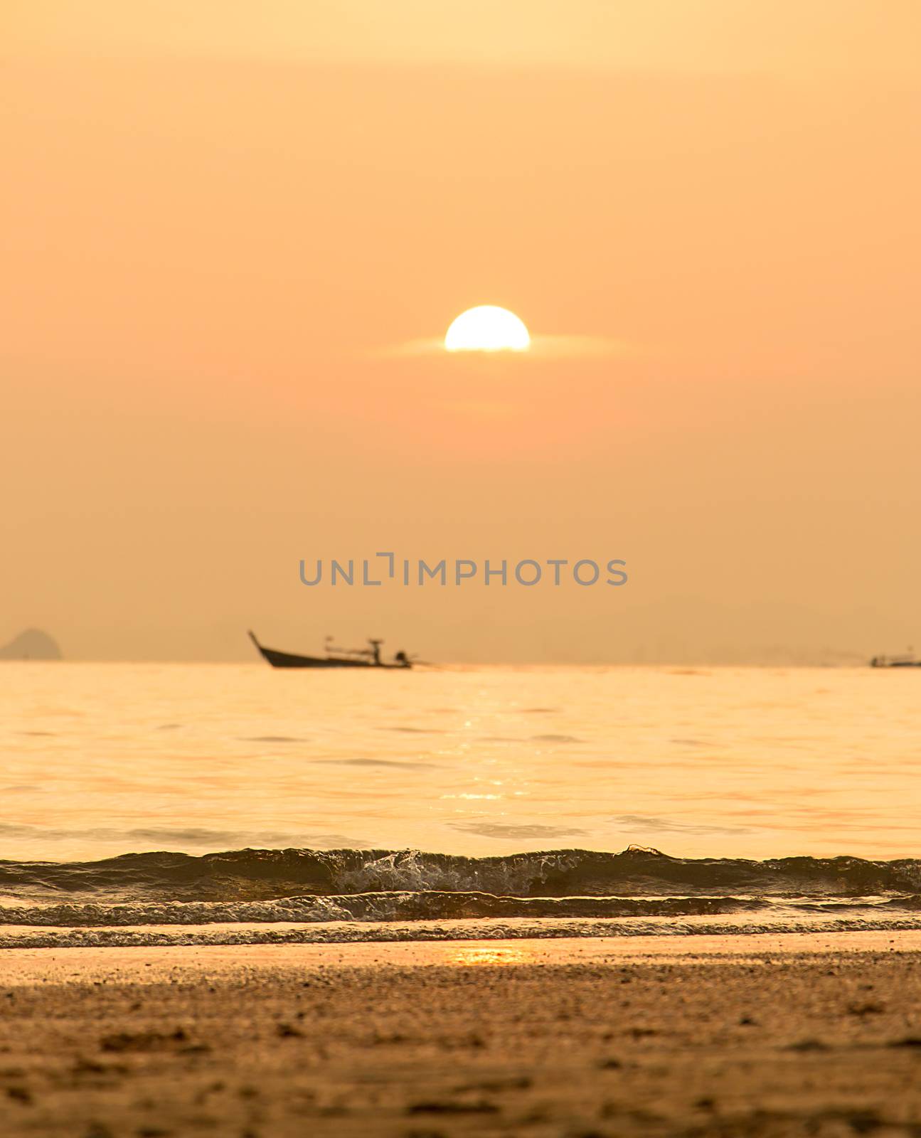 Sunset Beach In Thailand With Sea And Longtail Boat