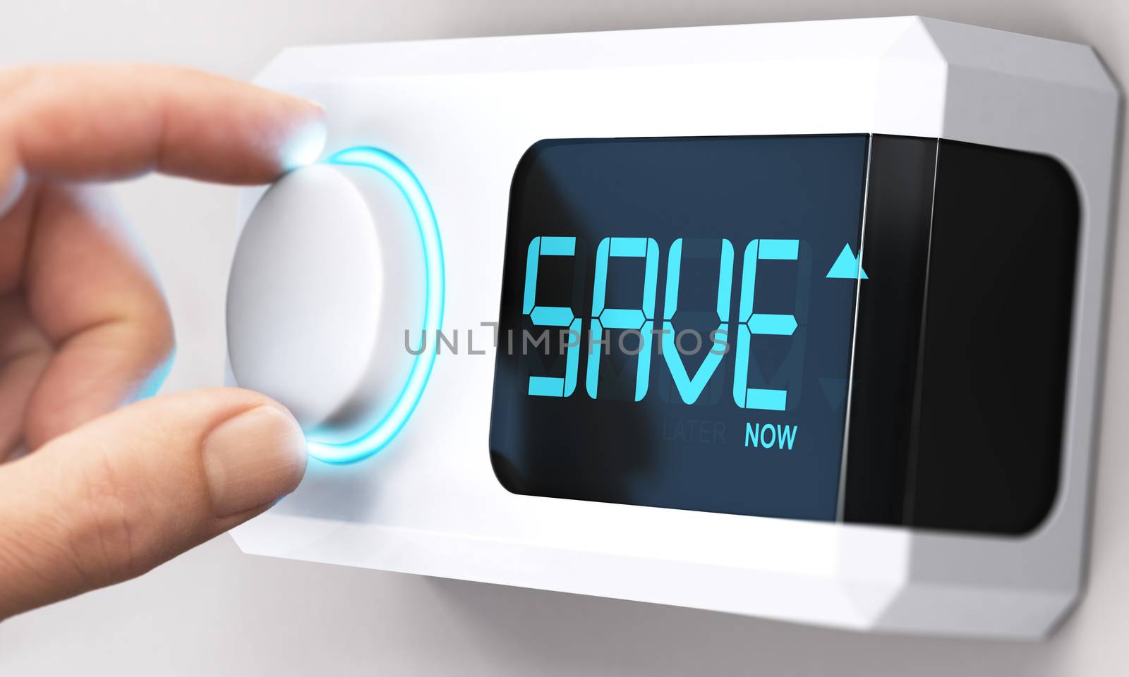 Hand turning a thermostat knob to increase savings by decreasing energy consumption. Composite image between a hand photography and a 3D background.