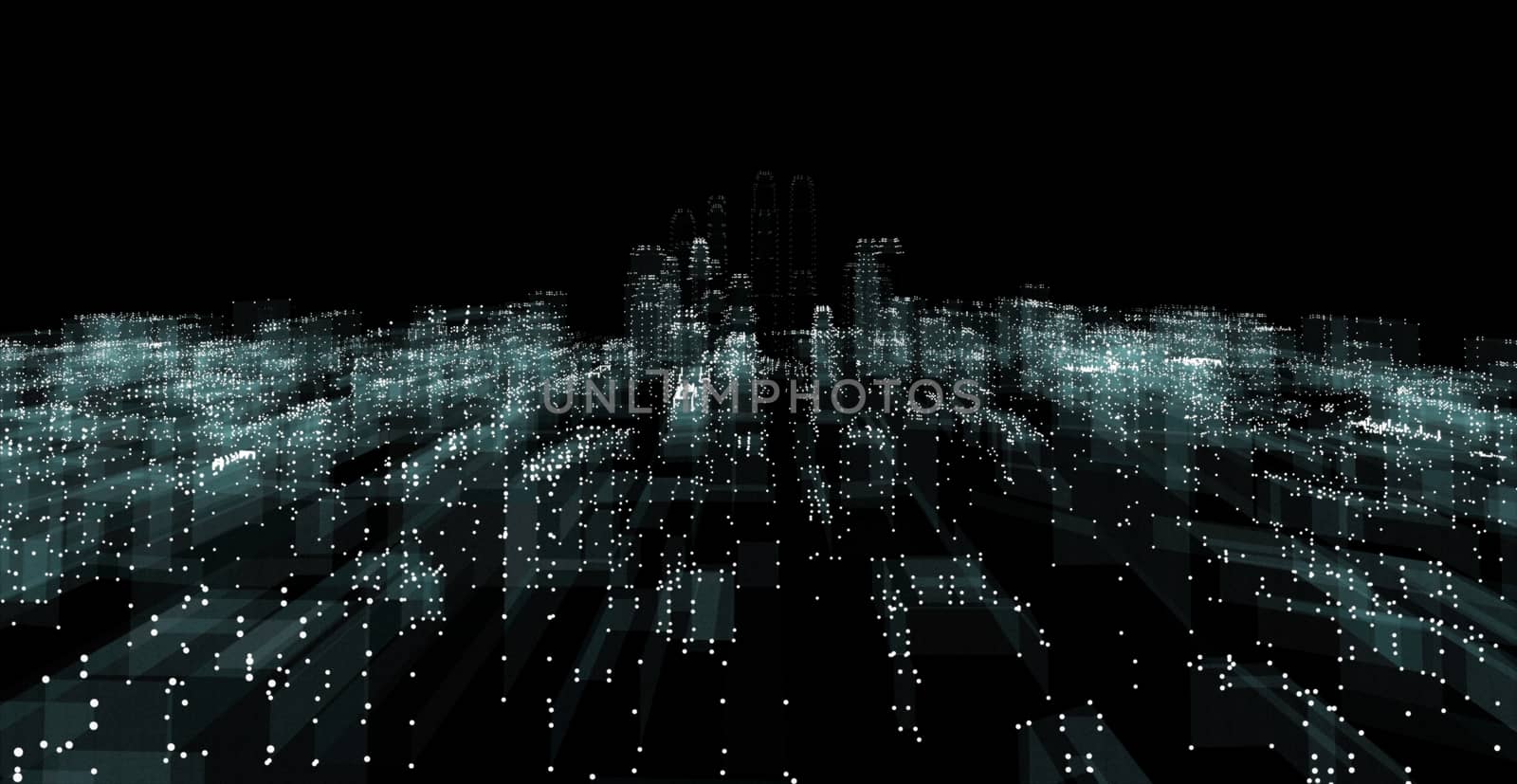 Illuminated night city skyline on black background. 3d illustration