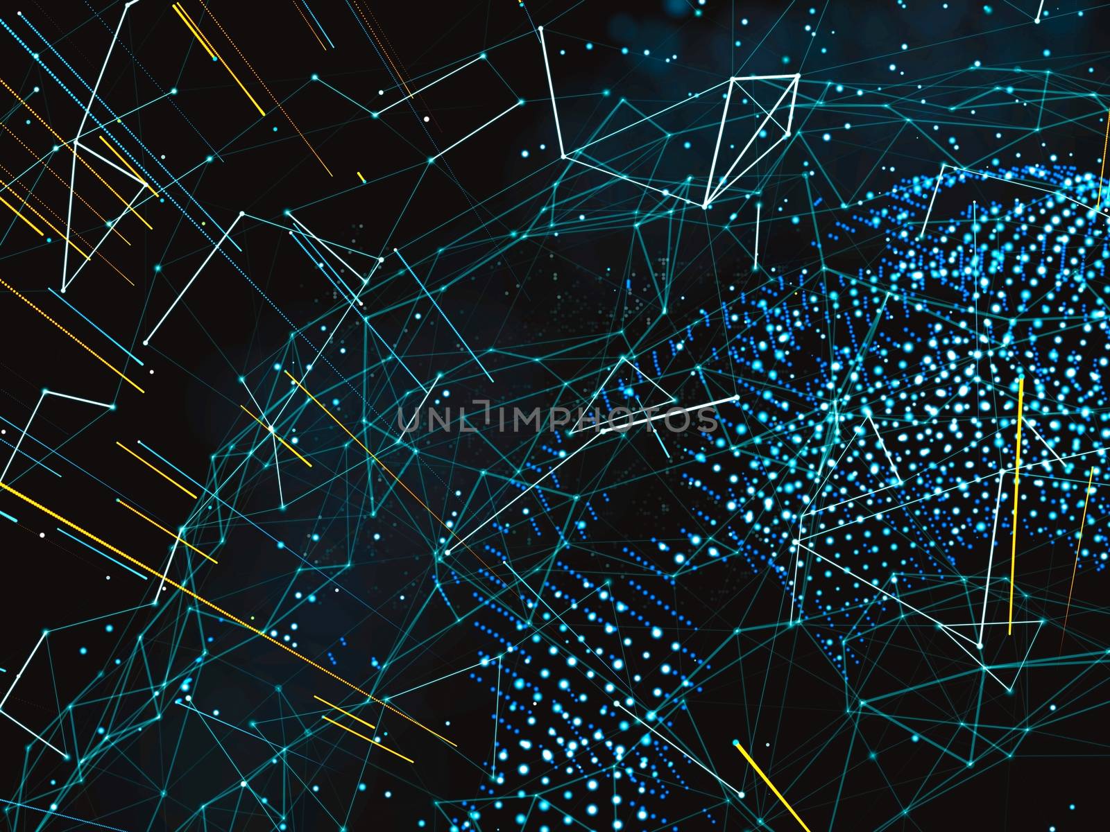 An array of points in the form of a world map are connected to the network. Social networks, payments, the Internet presented in an abstract digital form. 3d illustration