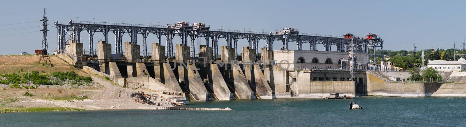 Hydroelectric power plant at Dniester river near Dubasari, Moldova. High resolution panorama