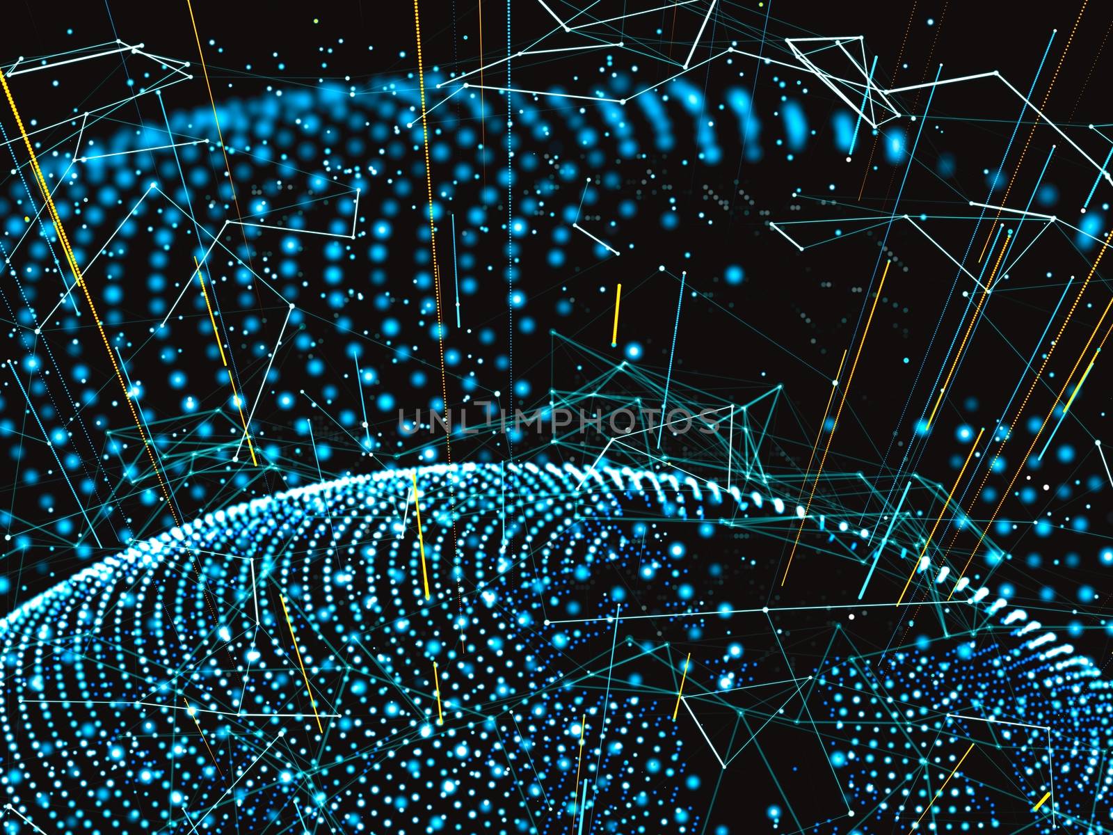 An array of points in the form of a world map are connected to the network. Social networks, payments, the Internet presented in an abstract digital form. 3d illustration