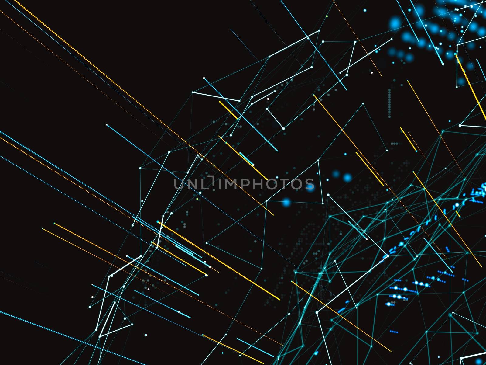 An array of points in the form of a world map are connected to the network. Social networks, payments, the Internet presented in an abstract digital form. 3d illustration