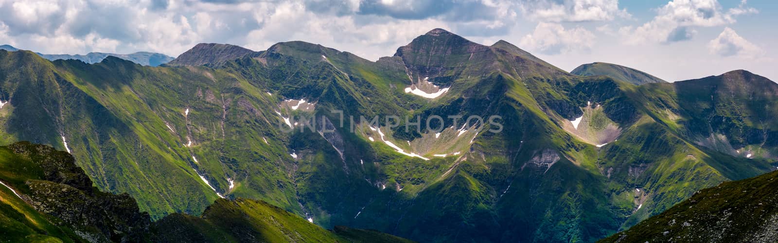 panorama of Fagaras mountain ridge. beautiful landscape with rocky cliffs and grassy slopes in summertime
