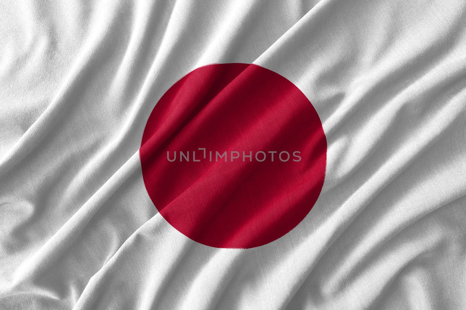 Japan flag painting on high detail of wave cotton fabrics . 3D illustration .