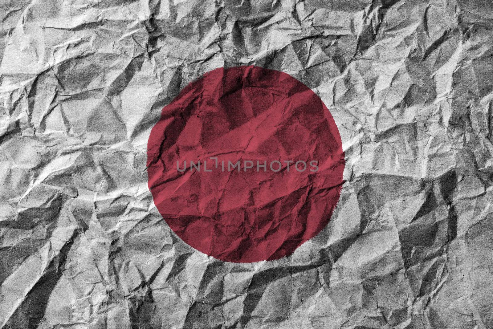 Japan flag with high detail of old dirty crumpled paper . 3D illustration .