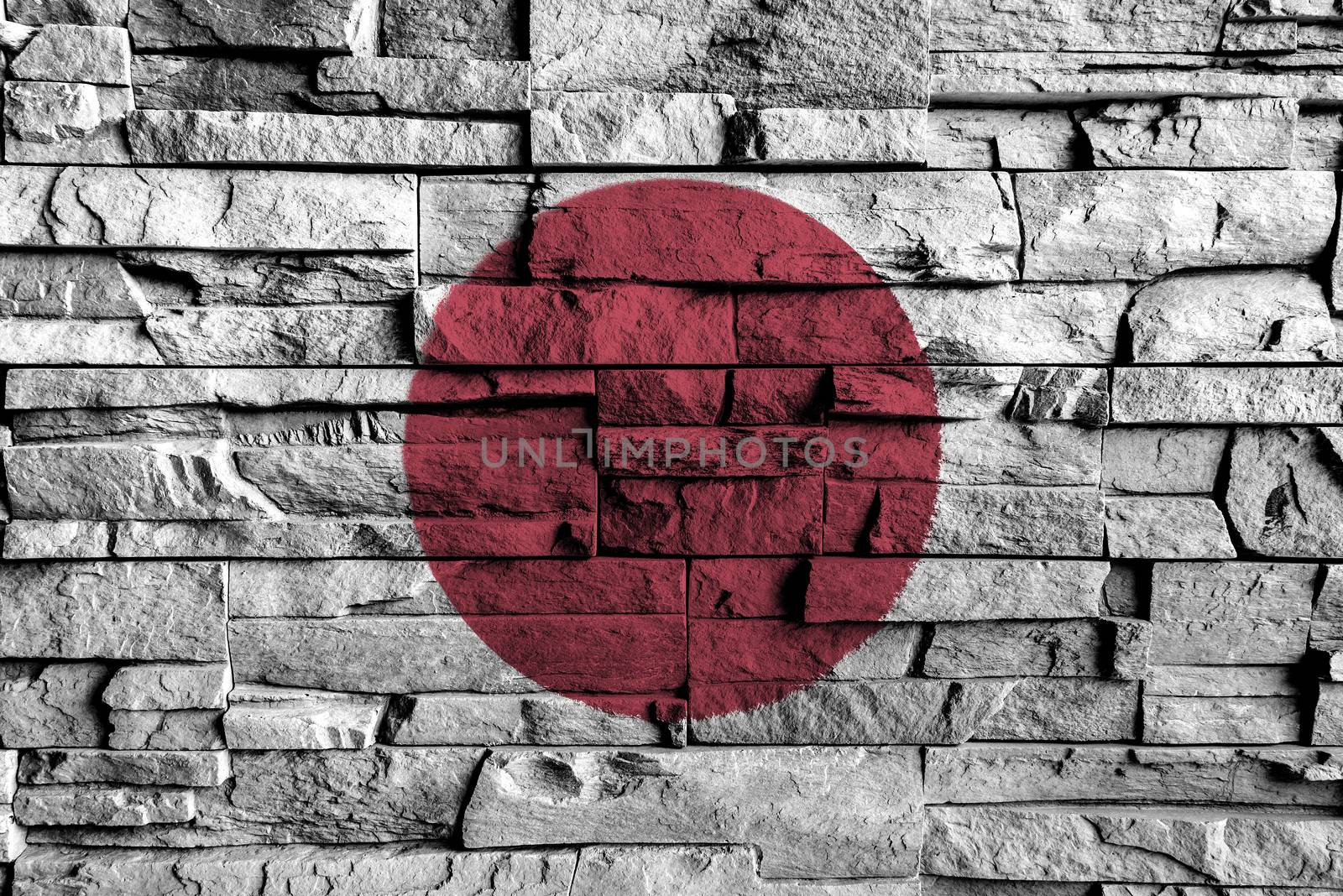 Japan flag painting on high detail of old brick wall . 3D illustration