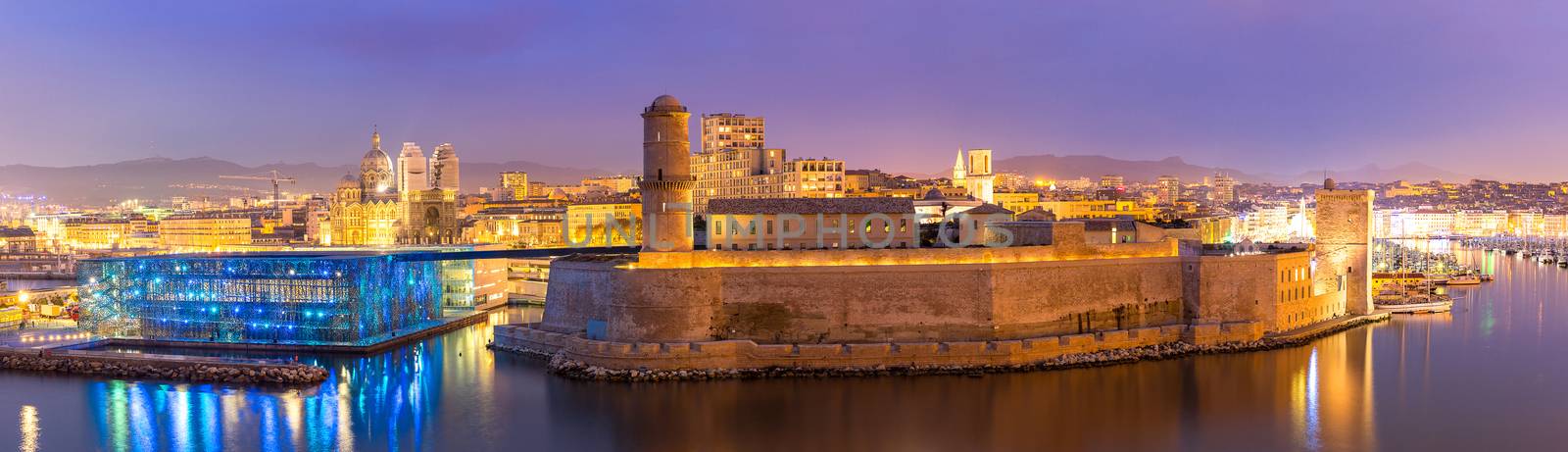 Marseille Saint Jean Castle and Cathedral de la Major and the Vieux port in France panorama
