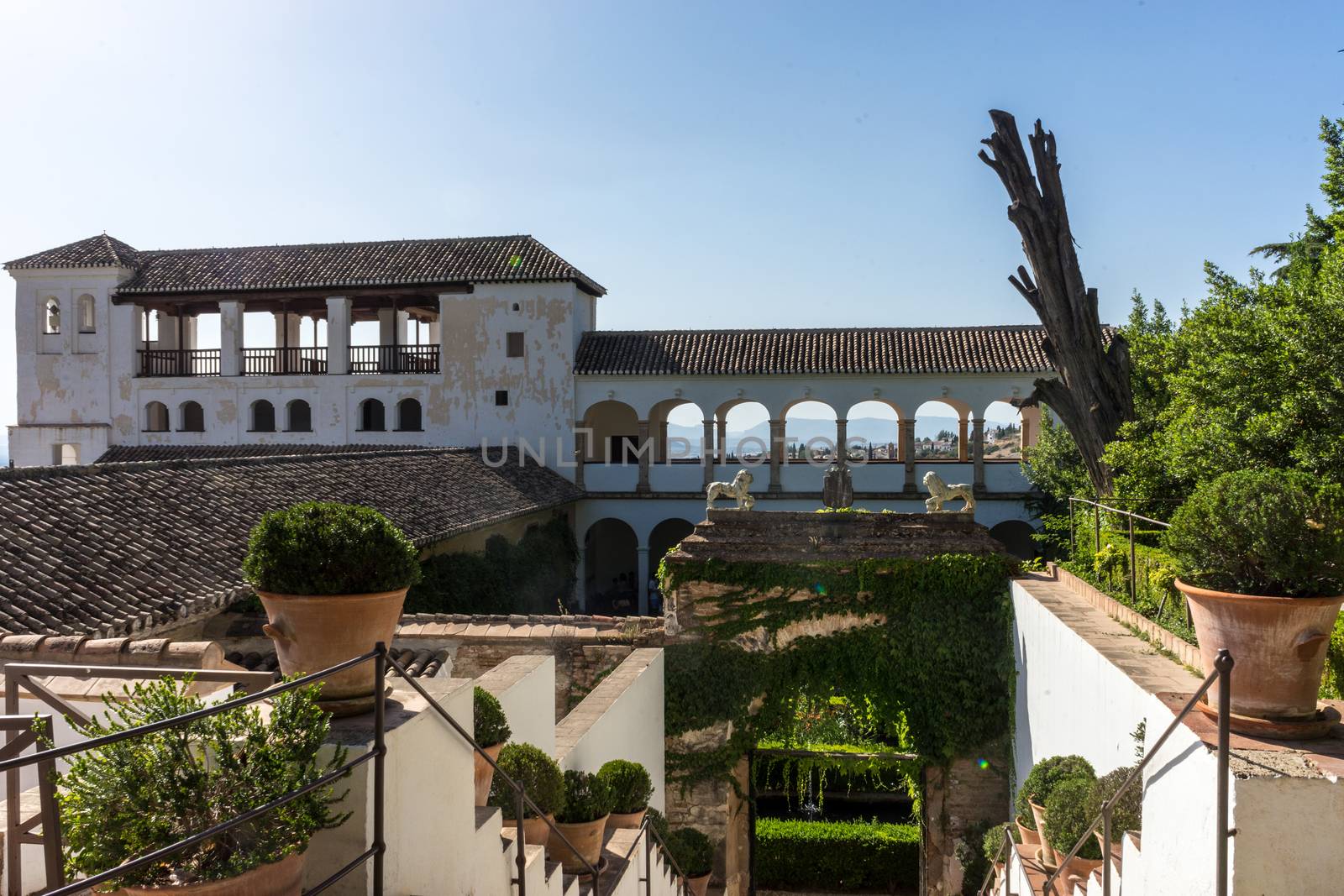 Beautiful view of the Generalife fountain and gardens in Alhambra. GRANADA, SPAIN on a bright sunny day