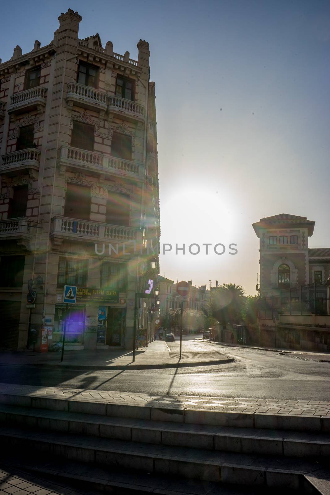 city center of Granada, Spain, Europe during golden hour of sunset on a bright sunny day