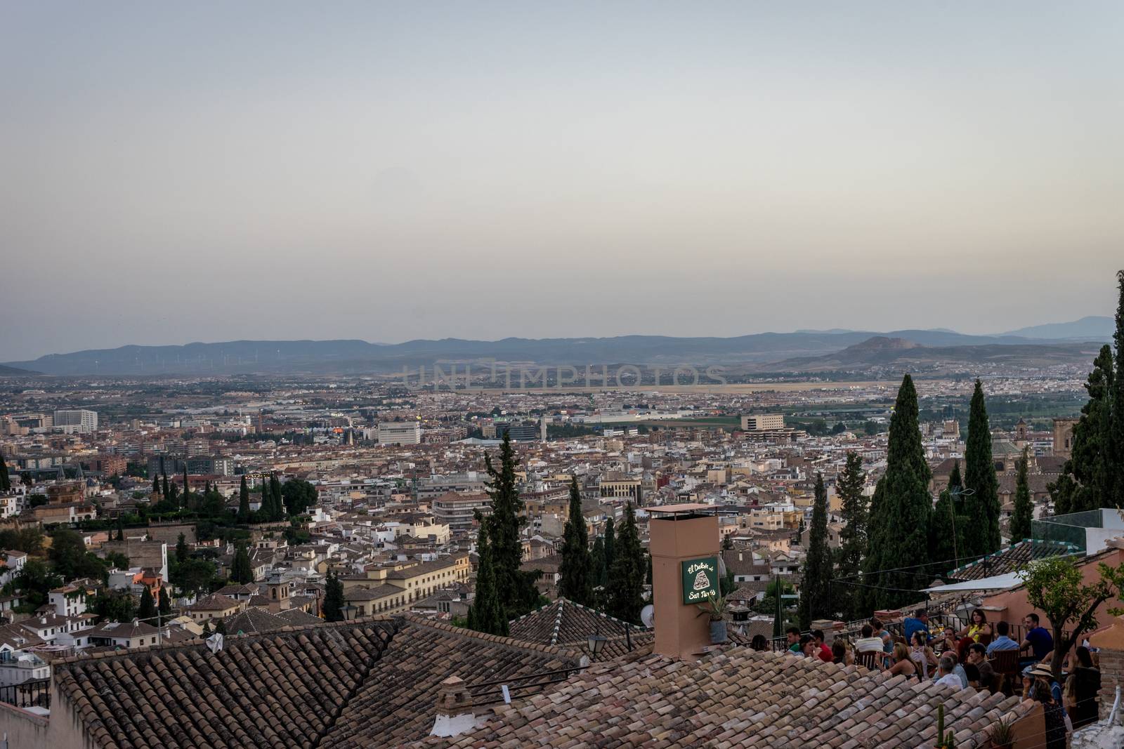 Aerial view of the city of Granada from Mirador san Nicolas at Granada, Spain, Europe during twilight hour