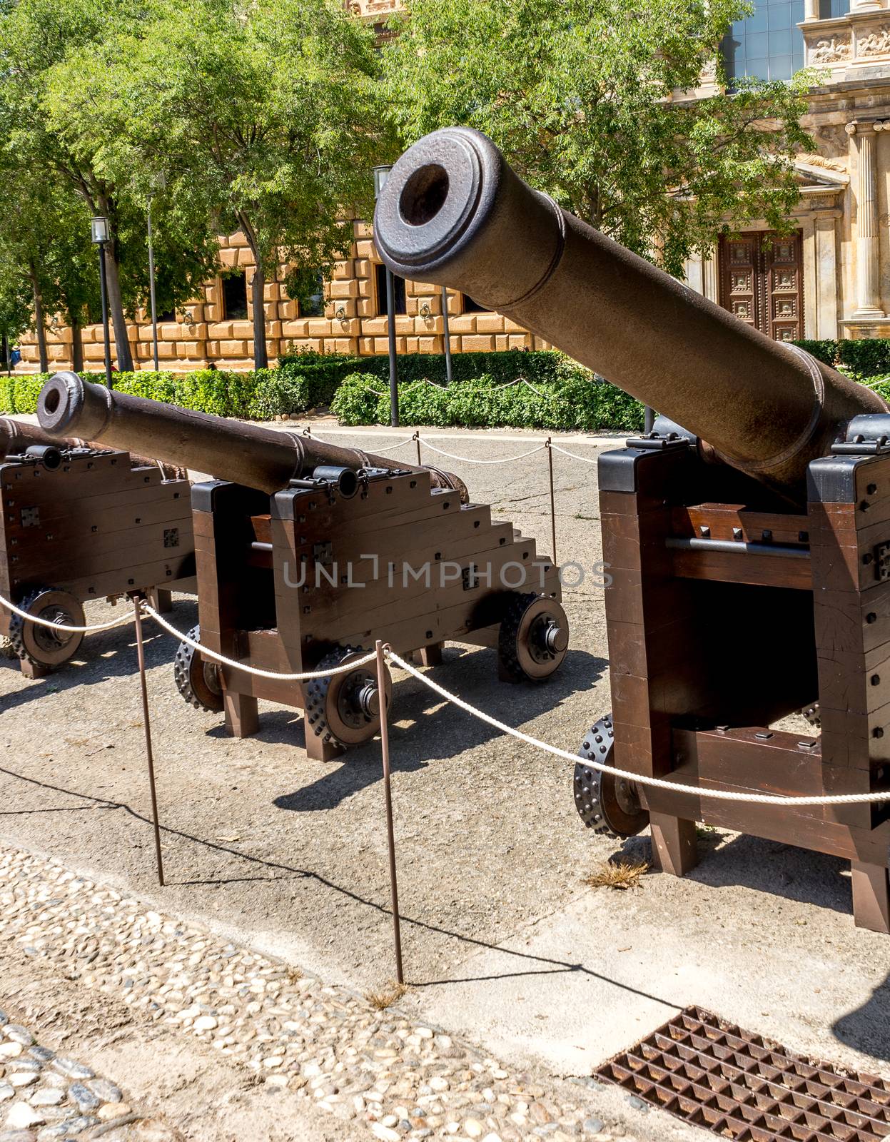 Black cannon at the Alhambra palace in Granada, Spain, Europe on a bright warm summer day