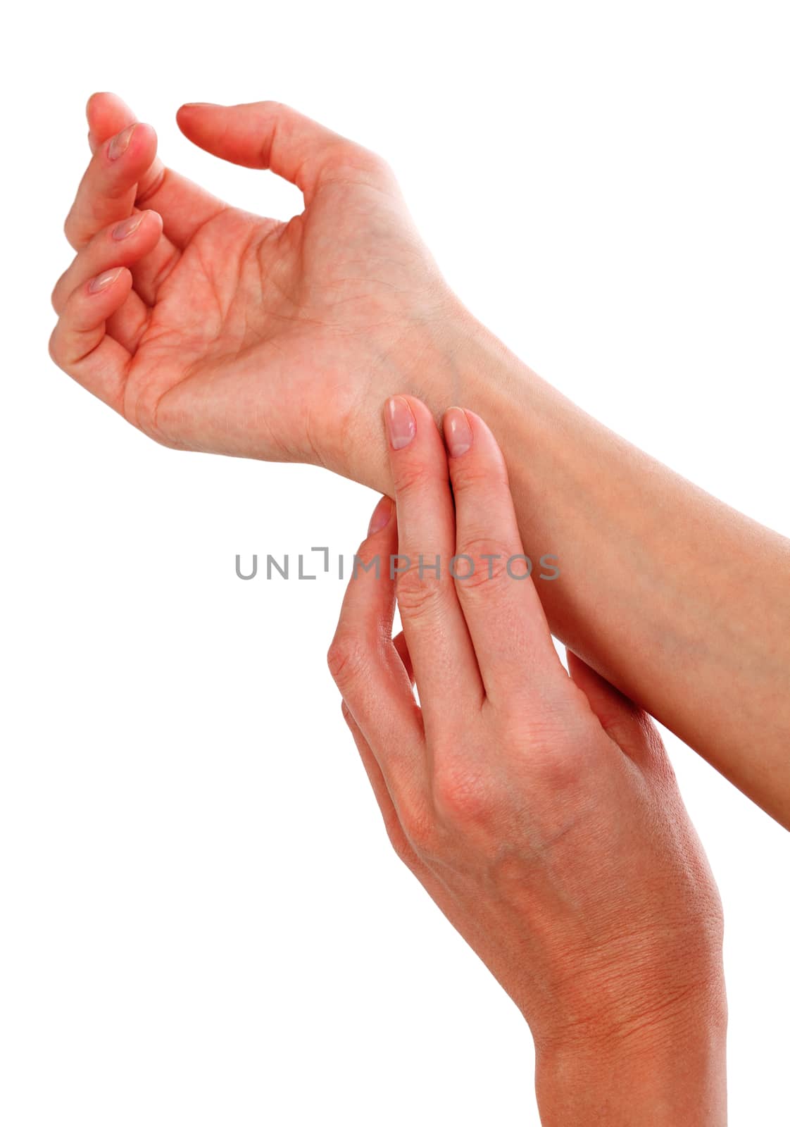 Closeup shot of female hand checking pulse, isolated on white background.
