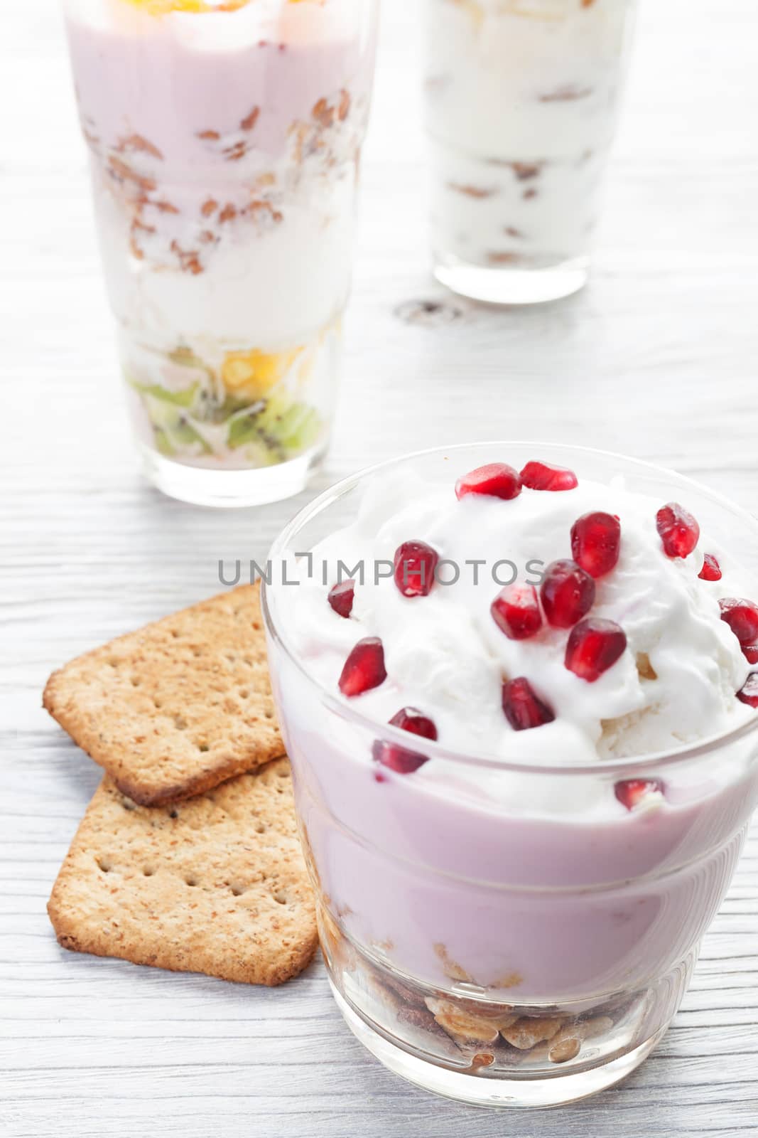Homemade yogurt meal with fruits, selective focus by igor_stramyk