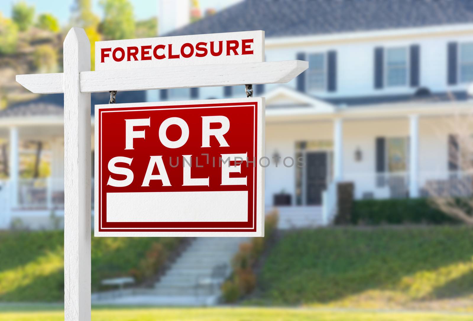 Right Facing Foreclosure For Sale Real Estate Sign in Front of H by Feverpitched