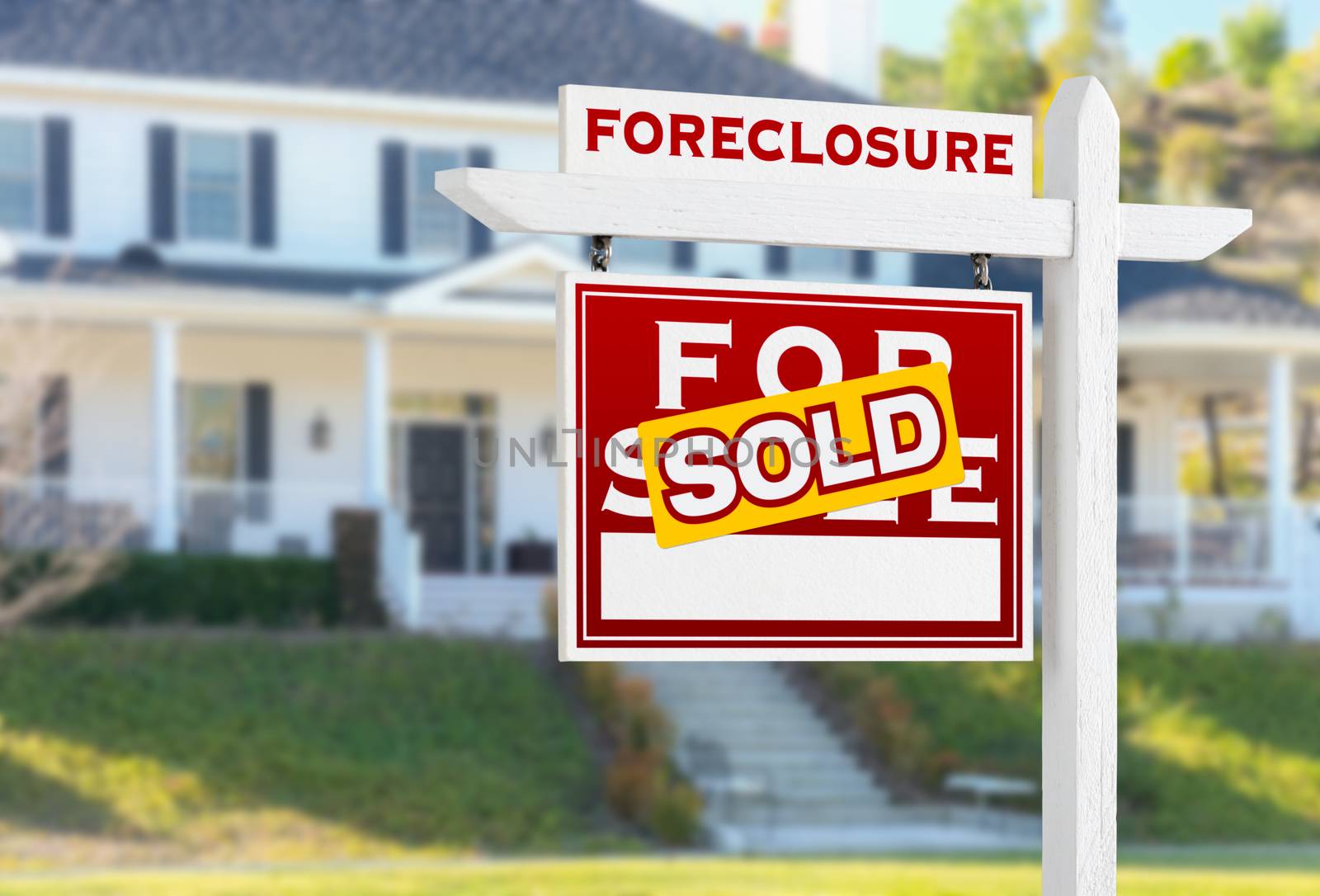 Left Facing Foreclosure Sold For Sale Real Estate Sign in Front  by Feverpitched