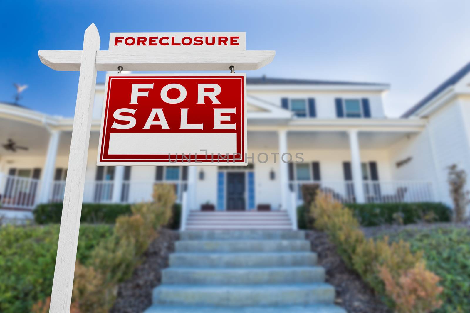 Right Facing Foreclosure For Sale Real Estate Sign in Front of H by Feverpitched