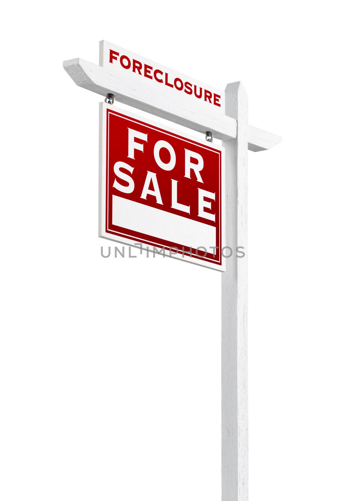 Left Facing Foreclosure Sold For Sale Real Estate Sign Isolated on White.