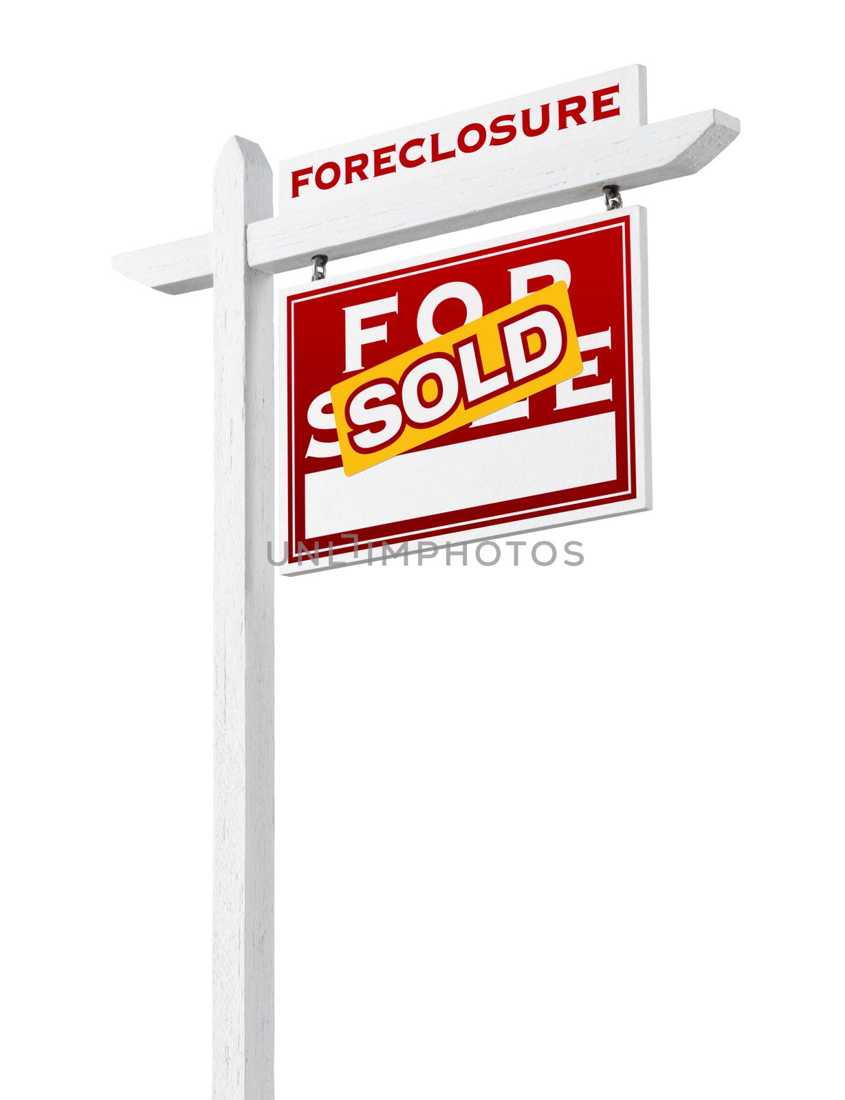 Right Facing Foreclosure Sold For Sale Real Estate Sign Isolated on White.