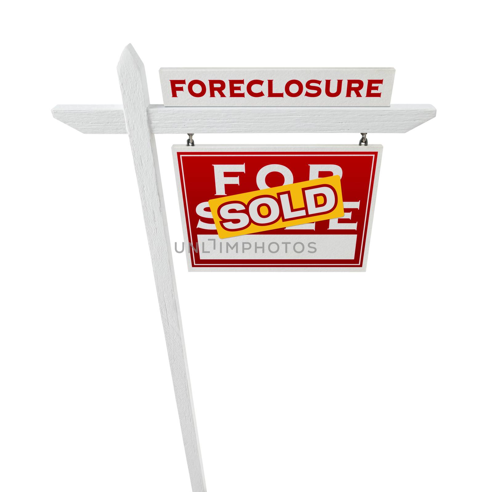 Right Facing Foreclosure Sold For Sale Real Estate Sign Isolated on White.