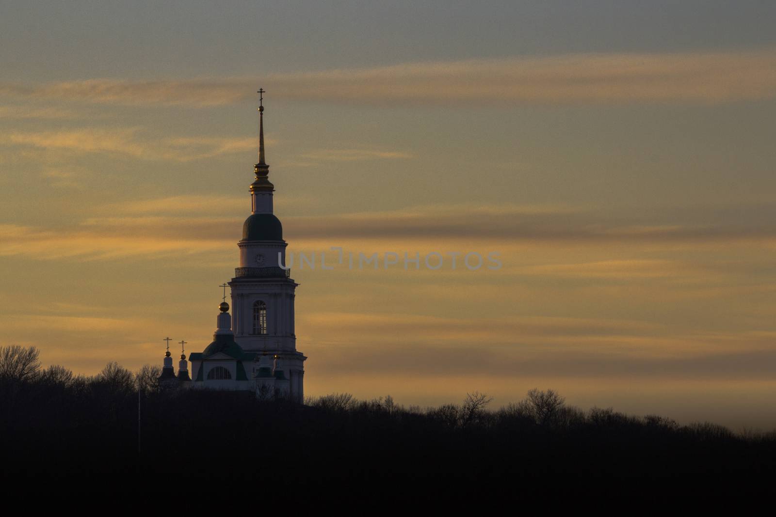 Belfry of the Russian Orthodox Church before sunset. Tula, All-Svyatsky Cathedral.